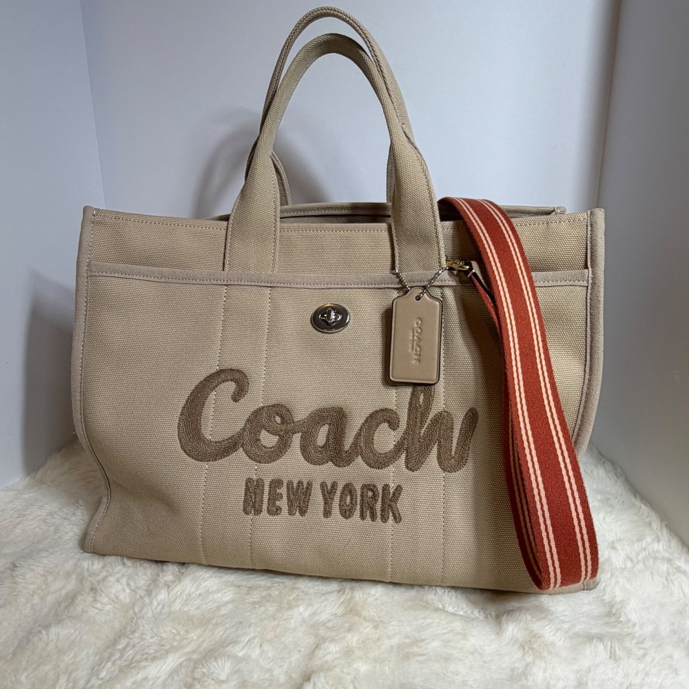 Authentic COACH Cargo Tote Bag 42 Large Canvas Crossbody Dark Natural CY847